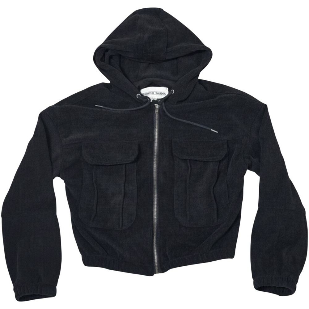 Reserve Fairfax Black Corduroy Zip Up Cropped Hoodie Jacket Small